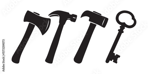 Black Silhouette Icons of Axe, Hammer, Mallet, and Vintage Key