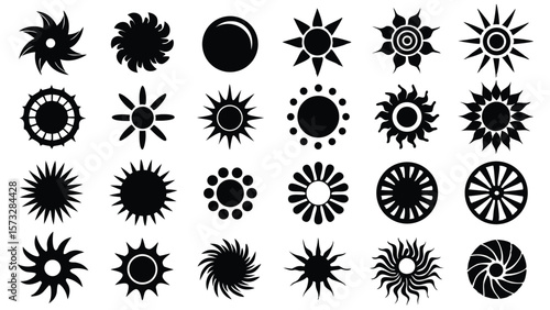 Collection of 28 Sun Icons Black and White Sunburst and Starburst Vector Graphics for Design Projects