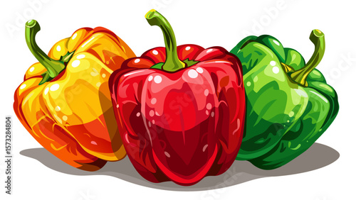 close up Shiny organic bell peppers in red, yellow, and green burst with color and natural shape, each one capturing garden variety beauty under gentle light on a white background.