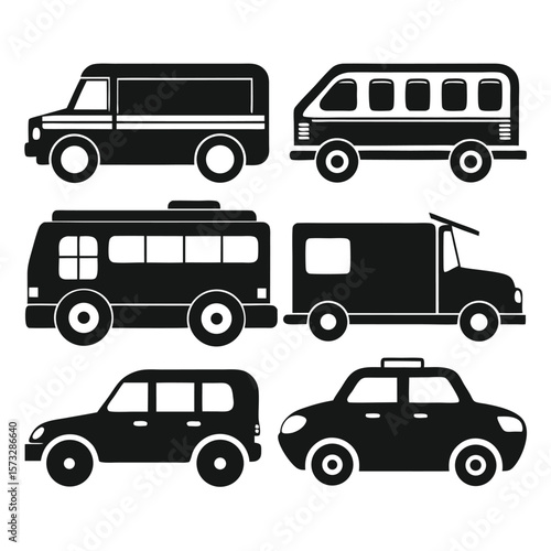 Collection of Simple Black and White Vehicle Icons Vans, Buses, Trucks, and Cars