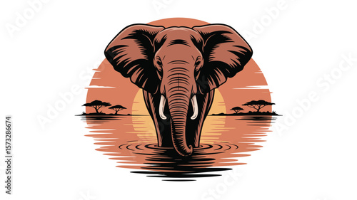 Majestic elephant wading through water at sunset, a beautiful African wildlife vista conveying peace and tranquility.