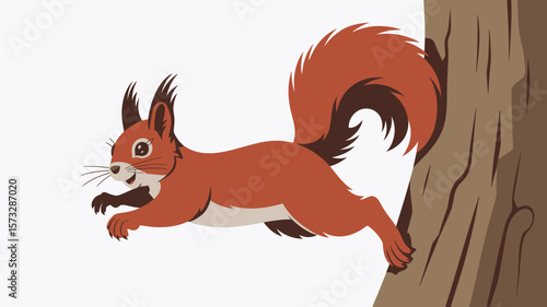 Whimsical squirrel leaps playfully near a tree, showcasing its bushy tail in a cartoon animal vector design.