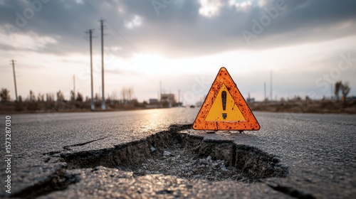 Warning road sign showing big pothole damage on asphalt road