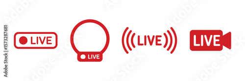 Collection of four distinct red live streaming icons featuring text and visual indicators on a white background