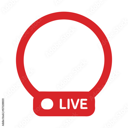 A bright red circle with a white dot and the word live inside a red rectangle below it on a white background