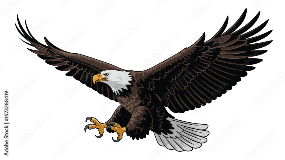 Fototapeta premium American bald eagle soars majestically, illustrating freedom and power with its outstretched wings and sharp gaze.