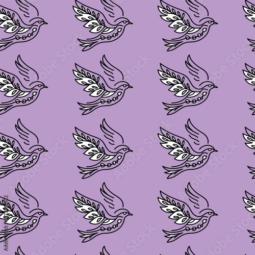 A charming repeating pattern featuring stylized birds in soft gray, set against a soothing lavender background. The design captures a sense of tranquility and grace, making it ideal for textiles.