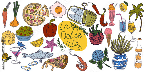 A whimsical set of hand-drawn sketches with splashes of color, Dolce Vita is inspired by the Mediterranean lifestyle. Includes food, drinks, flowers, summer decor and travel items.