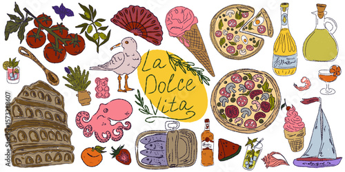 A whimsical set of hand-drawn sketches with splashes of color, Dolce Vita is inspired by the Mediterranean lifestyle. Includes food, drinks, flowers, summer decor and travel items.