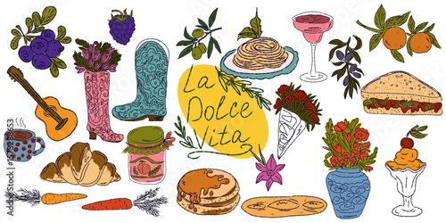 A whimsical set of hand-drawn sketches with splashes of color, Dolce Vita is inspired by the Mediterranean lifestyle. Includes food, drinks, flowers, summer decor and travel items.