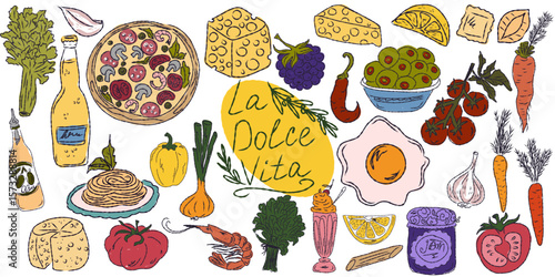 A whimsical set of hand-drawn sketches with splashes of color, Dolce Vita is inspired by the Mediterranean lifestyle. Includes food, drinks, flowers, summer decor and travel items.
