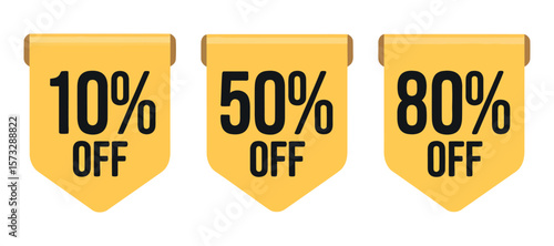 Three distinct yellow sale tags prominently display percentage discounts ten percent fifty percent and eighty percent off