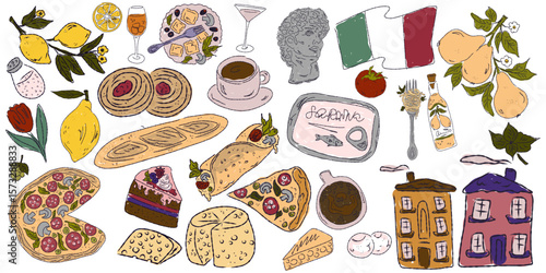 A whimsical set of hand-drawn sketches with splashes of color, Dolce Vita is inspired by the Mediterranean lifestyle. Includes food, drinks, flowers, summer decor and travel items.