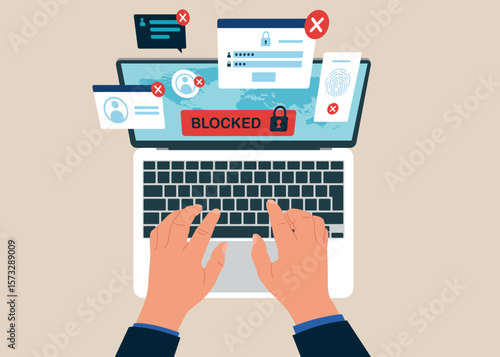 Top view of man working using laptop. Businessman at desk looking at  computer screen with Blocked ID card. Hacker Cyber Attack, Censorship. Modern vector illustration in flat style.