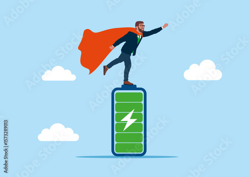 Dreamer Superhero stands on battery. User man, battery performance and long life battery. Energy power source maintenance. Battery charge. Flat vector illustration. 