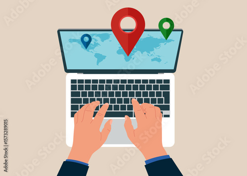 Top view of man working using laptop. Employee working remotely with computer laptop. Remote job or distance work, virtual office or working anywhere, freelancer or online office. 