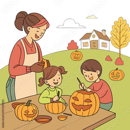 A mother and her two children are happily carving pumpkins together outdoors on a sunny autumn day in front of their house preparing for halloween festivities and creating jack o lanterns