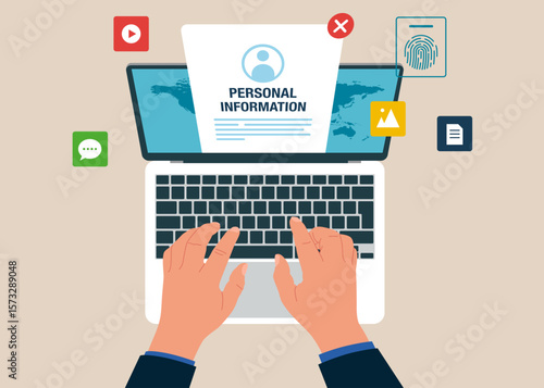 Top view of man working using laptop. Software engineer working on online  Information Hacking. Hacking and exploit results. Flat vector Illustration.