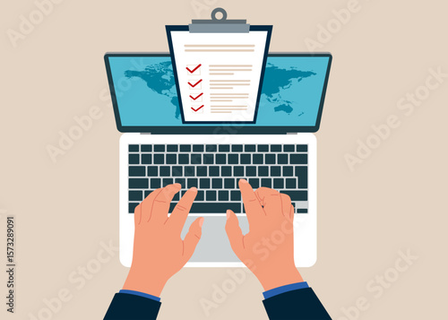 Top view of man working using laptop. Job vacancy. Fill list. Interview assessment. Survey. Vector illustration