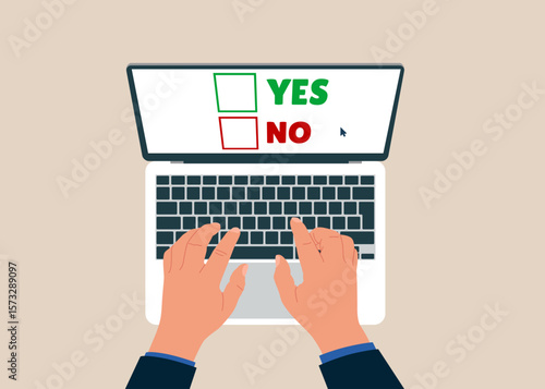Top view of businessman working using laptop. Business decision. Yes or no answer to asking question as choice decision. Vector illustration.