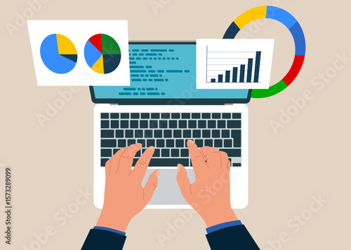 Top view of man working using laptop. Analyze graph and chart. Financial Report. Reviewing investment portfolio. Online business making money, investment return. Vector illustration