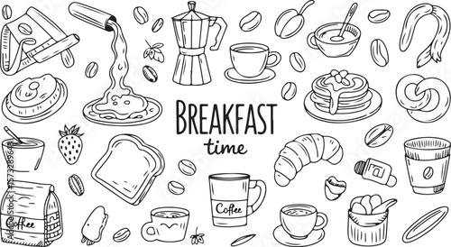 Breakfast Food and Coffee Silhouette Vector Set, Morning Meal Clipart, Cozy Kitchen Icons