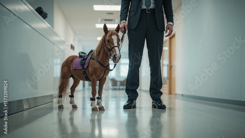 A man in a suit walking a miniature horse down a hallway with a saddle and leg wraps on the horse