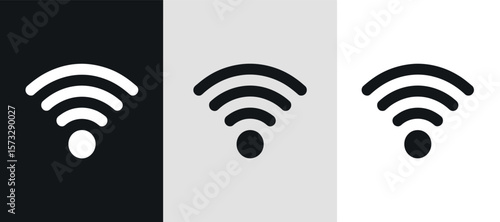 Three minimalist wi fi signal icons displayed side by side on contrasting black gray and white backgrounds for versatile design applications