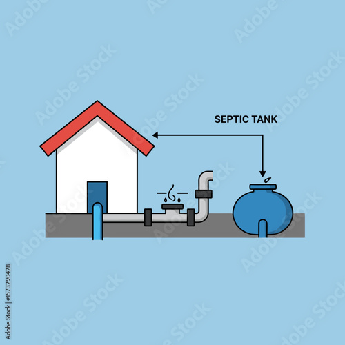 Home Septic Tank System Icon with Wastewater Pipe