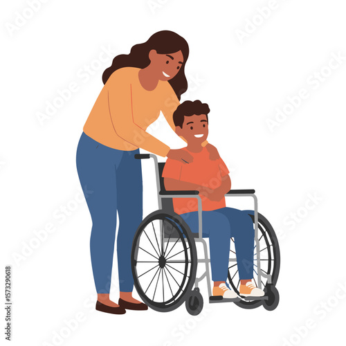 Woman with disabled child smiling. Flat vector isolated on transparent background
