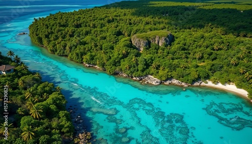 Aerial view of Cancun's Punta Nizuc jungle meeting turquoise river , paradise, habitat