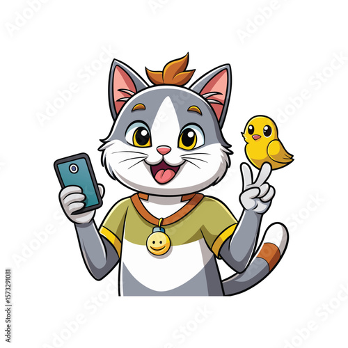 Funny Cat Selfie Vector with Duck Face and Peace Sign on White Background, Cute Kitty Character Illustration for Stickers, Memes, and Social Media Art