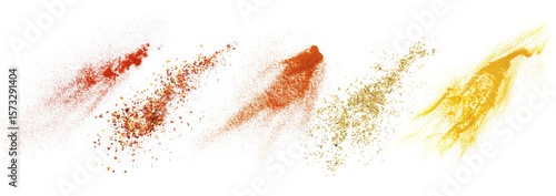 Red paprika powder, chili pepper flakes, chili red pepper ground, chopped oregano leaves and turmeric flying, isolated on white, clipping path © dule964