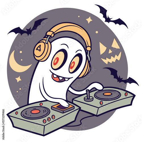 A cartoon ghost dj wearing headphones mixing music on turntables with bats and a moon in the background