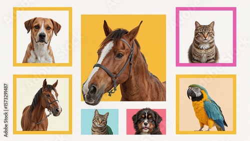Collage of various animals including dogs cats horses and a parrot framed in different colors