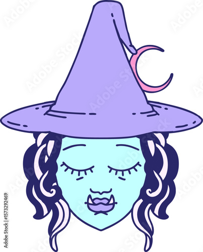 Retro Tattoo Style half orc witch character face in bright neon color