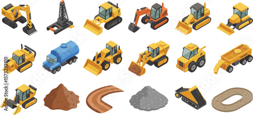Isometric construction vehicle icon set, heavy machinery 3D illustration with excavators, bulldozers, loaders, dump trucks, perfect for industrial design.