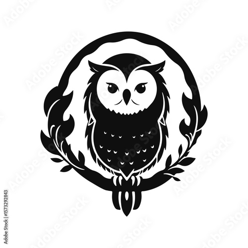 Owl silhouette logo, bird emblem, vintage forest owl, nocturnal animal design, branch frame element