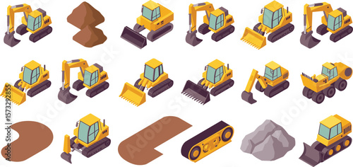 Isometric construction vehicle icon set, heavy machinery 3D illustration with excavators, bulldozers, loaders, dump trucks, perfect for industrial design.