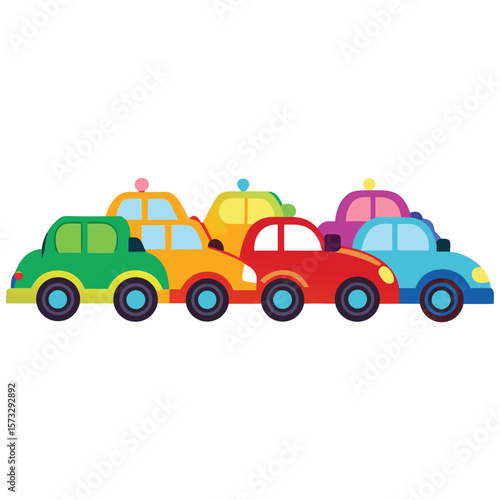 Colorful cartoon cars lined up in a row on a white background