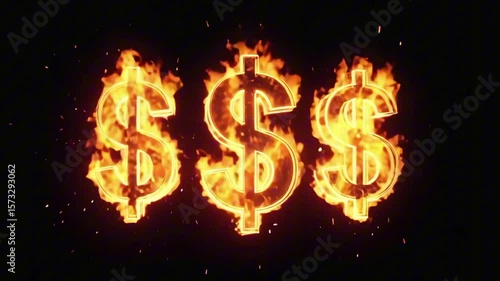 Flaming dollar signs ($) on a black background, sparks flying, fire erupting behind each one, chaos and greed visual