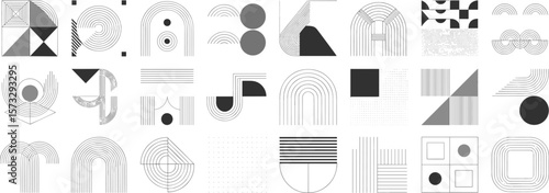 Minimalist geometric abstract shapes collection, line art icons, modern design elements, circles, squares, patterns, black and white vector set