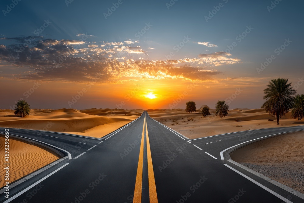 Naklejka premium Sunset paints the horizon as a deserted road splits in the tranquility of a vast desert landscape