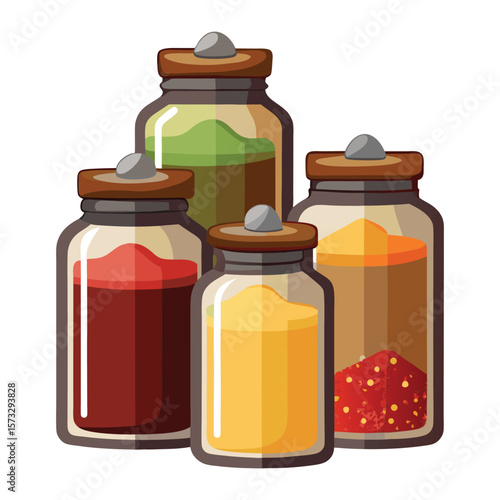 Four glass jars filled with colorful spices and liquids on a white background