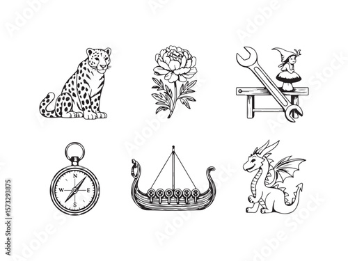  Black Silhouette Icons of Leopard, Tools, Compass, Viking Ship, and Fantasy Creatures