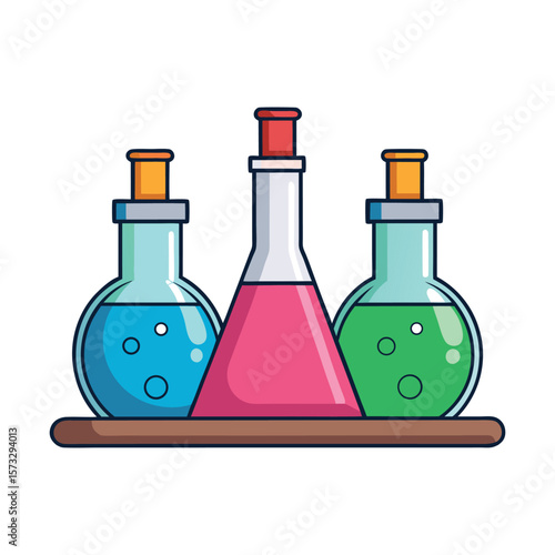 Three colorful laboratory flasks filled with liquid on a wooden shelf