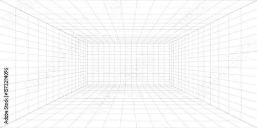 Empty futuristic digital box room white background with black grid space line color surface. Network cyber technology. banner, cover, terrain, sci-fi, wireframe, and related to background.