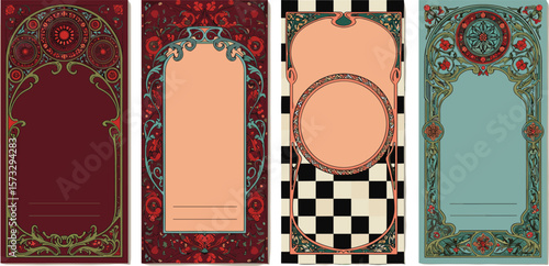 Vintage decorative frames set with floral Art Nouveau patterns, retro blank poster templates for invitations, cards, packaging, and print design.
