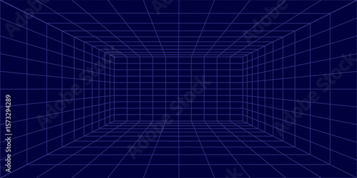 Metaverse VR Wireframe Room Blue Background. Vector Perspective Grid. Futuristic VR Game Geometric Backdrop. Box with Digital Cyber Space. Vector Illustration.