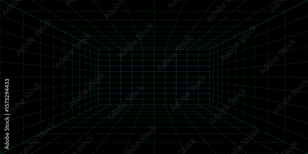 Obraz premium 3D wireframe room on green background. Abstract perspective grid. Vector illustration.